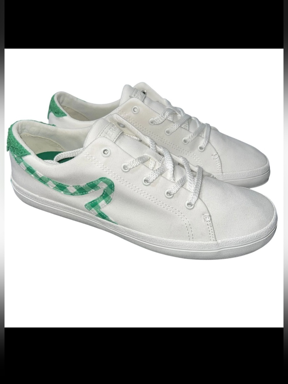 New NIB Sperry White Canvas Sneakers with Green Gingham Accents Sz 10